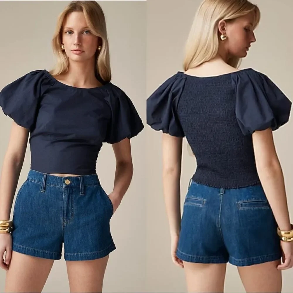 NWT J Crew Puff Sleeve Inez Fitted Top in Navy blue